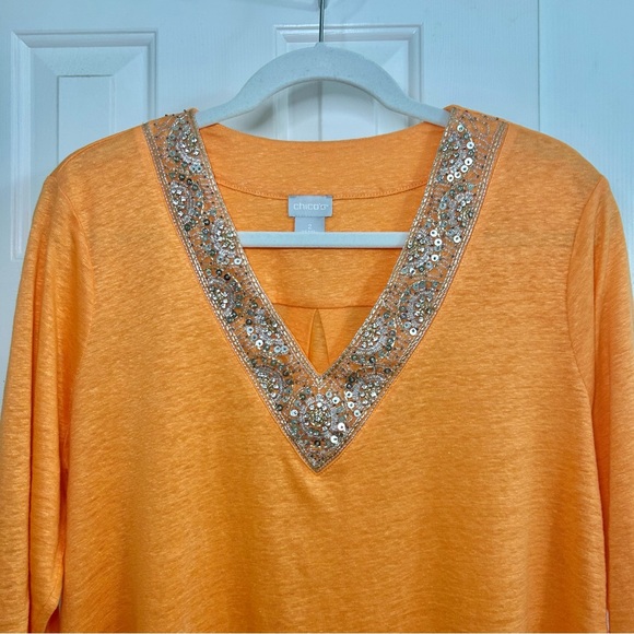 Chico's 100% Linen Orange Sequin V-Neck Long Line Tunic Size Large - Picture 3 of 16